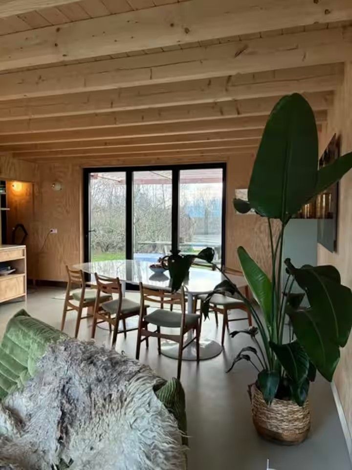 De woonkamer met eettafel en grote plant